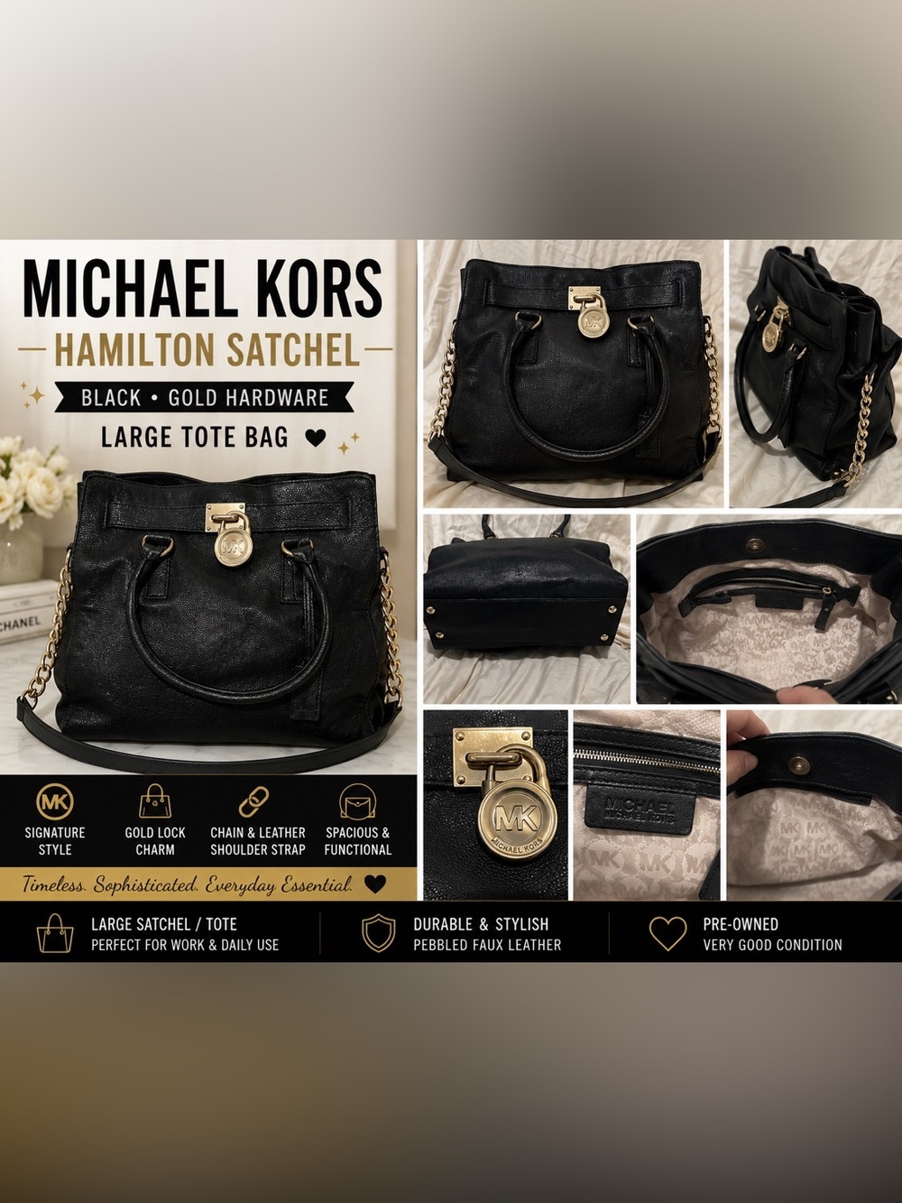 Michael Kors Hamilton Large Black Satchel Tote Bag Gold Lock Charm